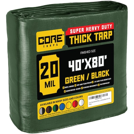 Heavy Duty Tarp, 80 ft L x 0.5 mm H x 40 ft W, 20 Mil, Green/Black, Polyethylene